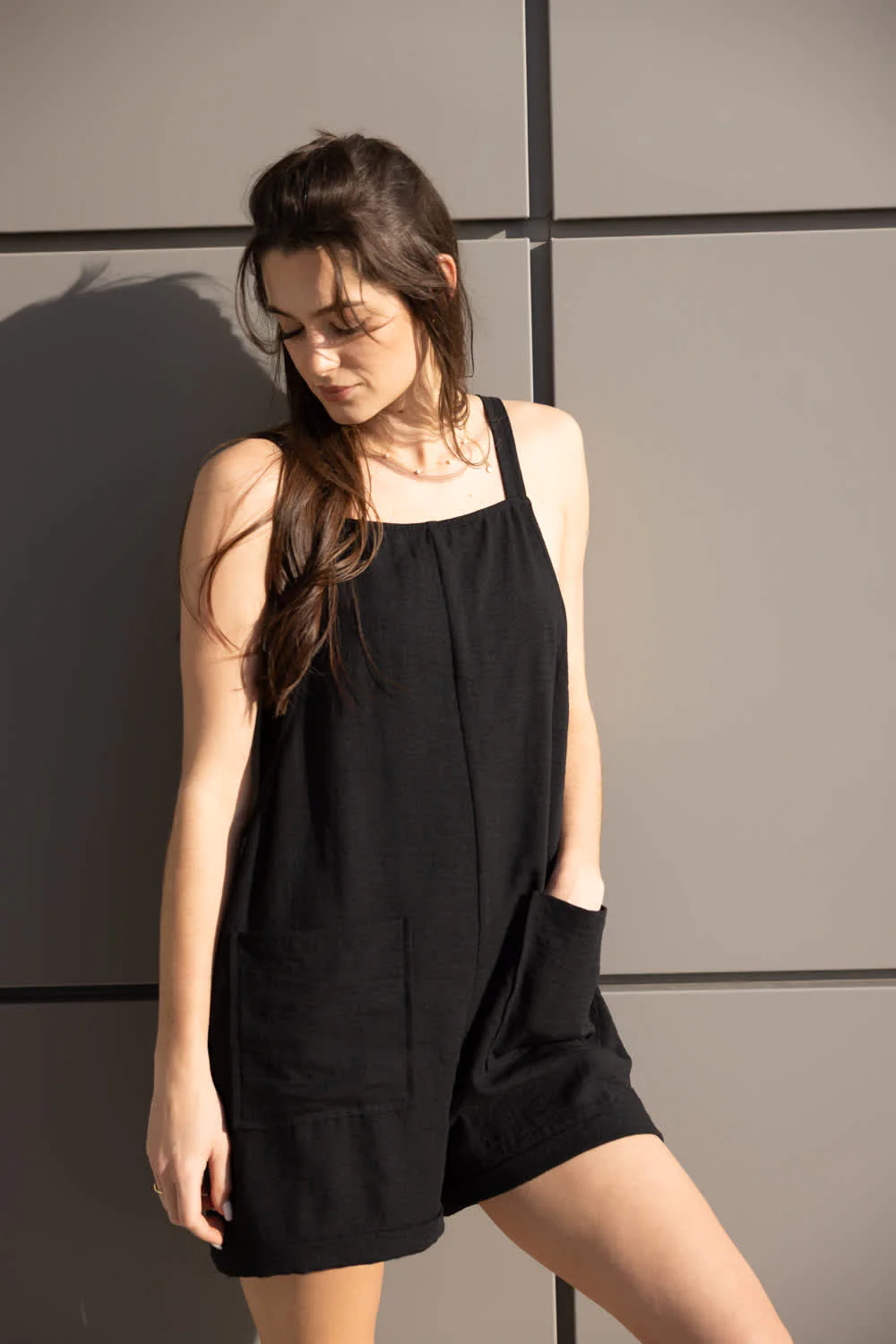 Moa Moa Linen Tie Strap Romper for Women in Black | IDC666-BAW-BLK - Image 2
