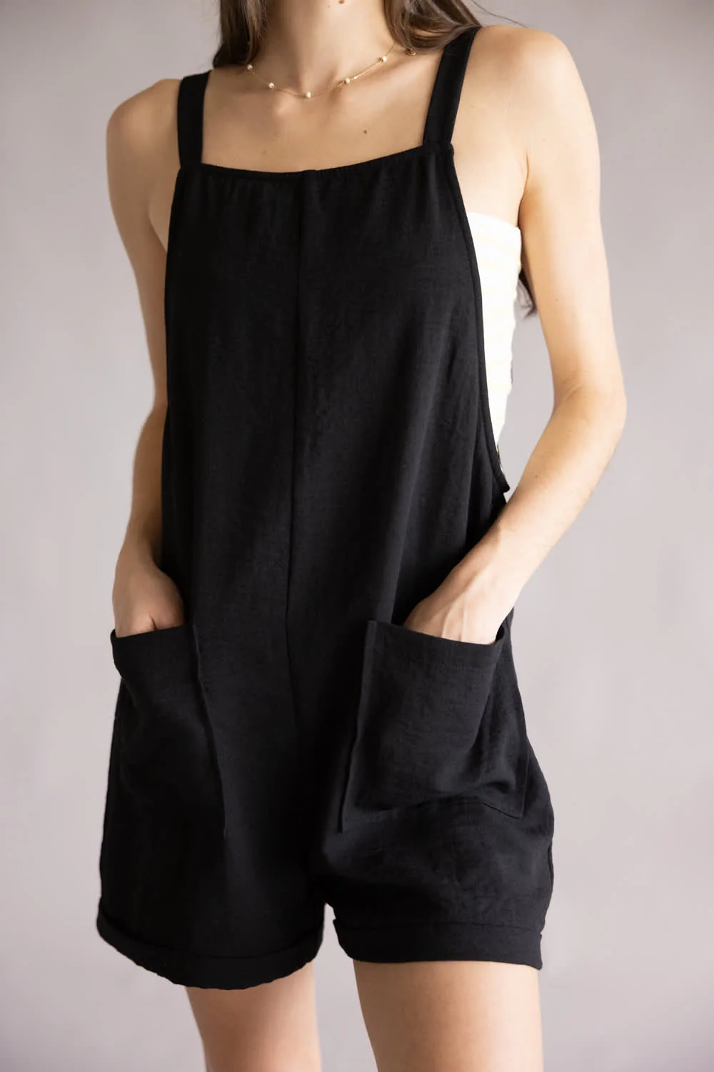 Moa Moa Linen Tie Strap Romper for Women in Black | IDC666-BAW-BLK - Image 3