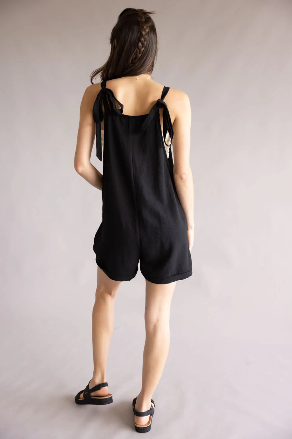 Moa Moa Linen Tie Strap Romper for Women in Black | IDC666-BAW-BLK - Image 4