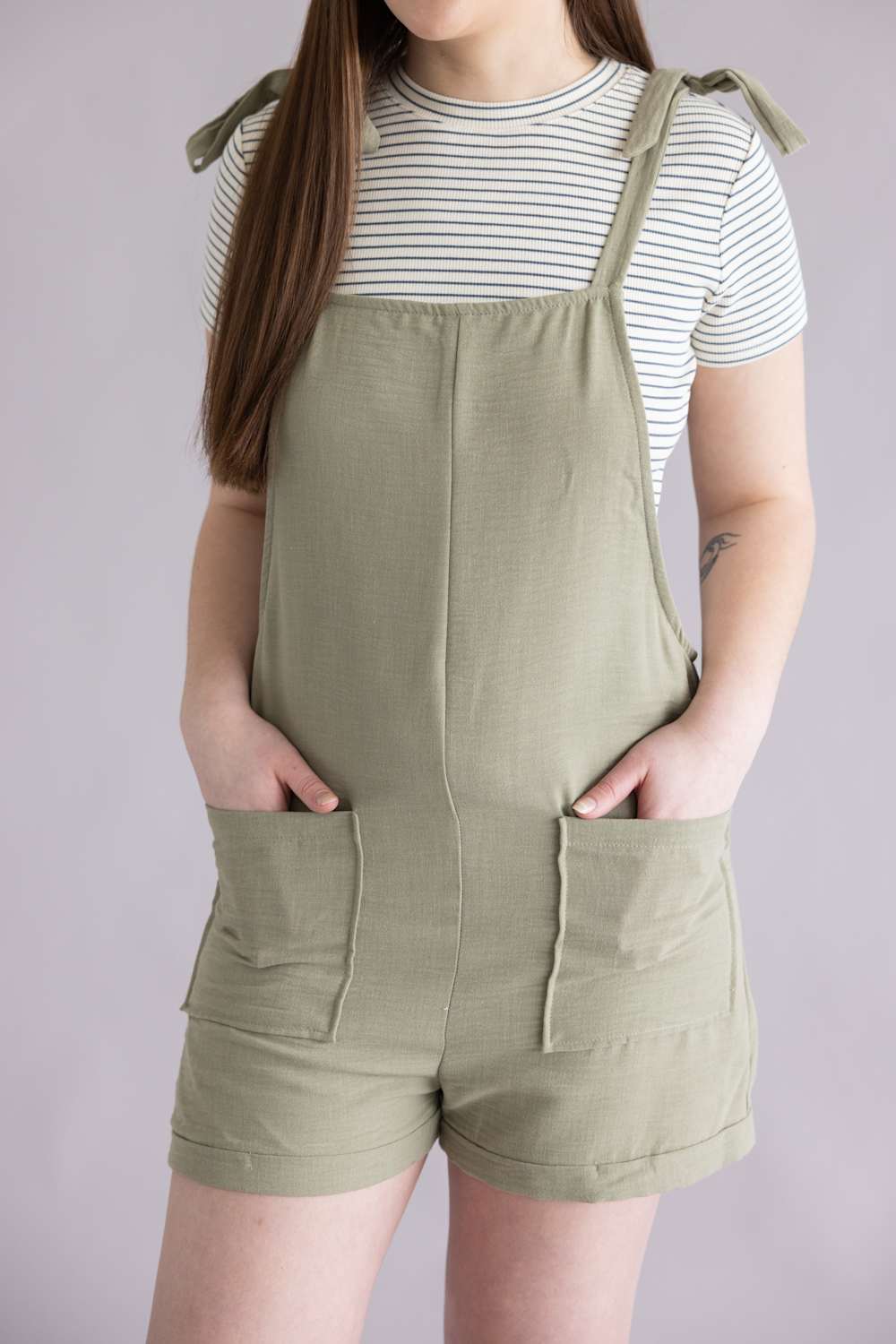 Moa Moa Linen Tie Strap Romper for Women in Moss Green | IDC666-BAW-GRN - Image 5