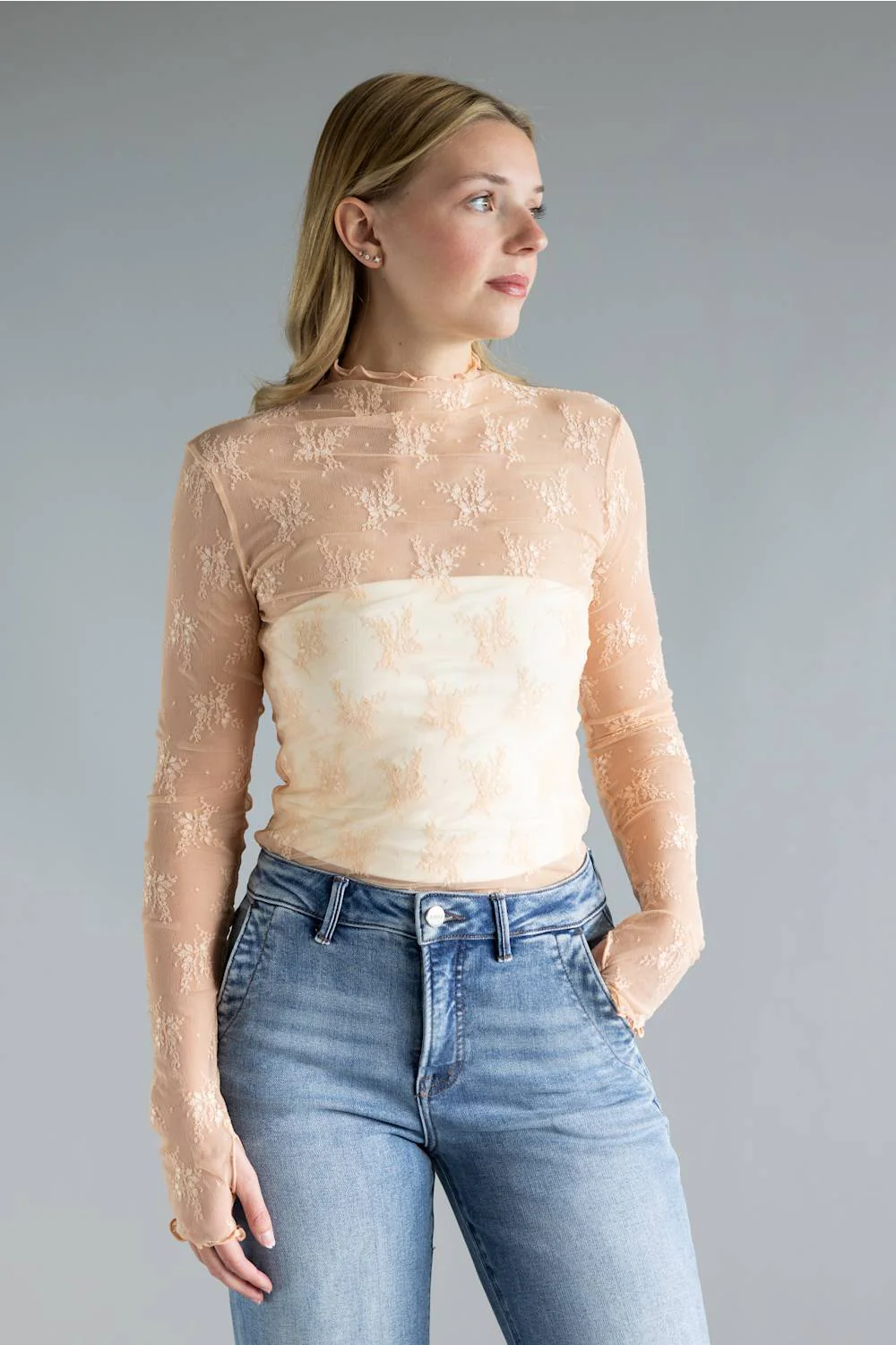 Mock Neck Lace Layering Top for Women in Blush Pink | 35740-BLUSHPINK - Image 3