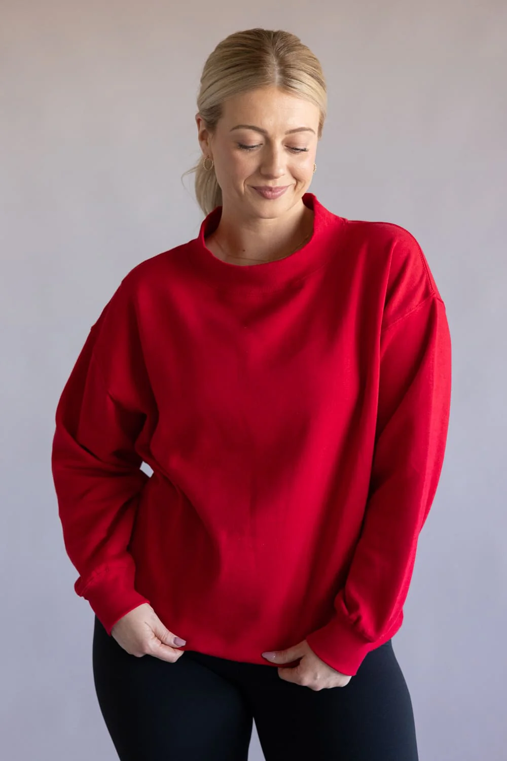 Oversized Mock Neck Pullover for Women in Red | T3200-RED - Image 4