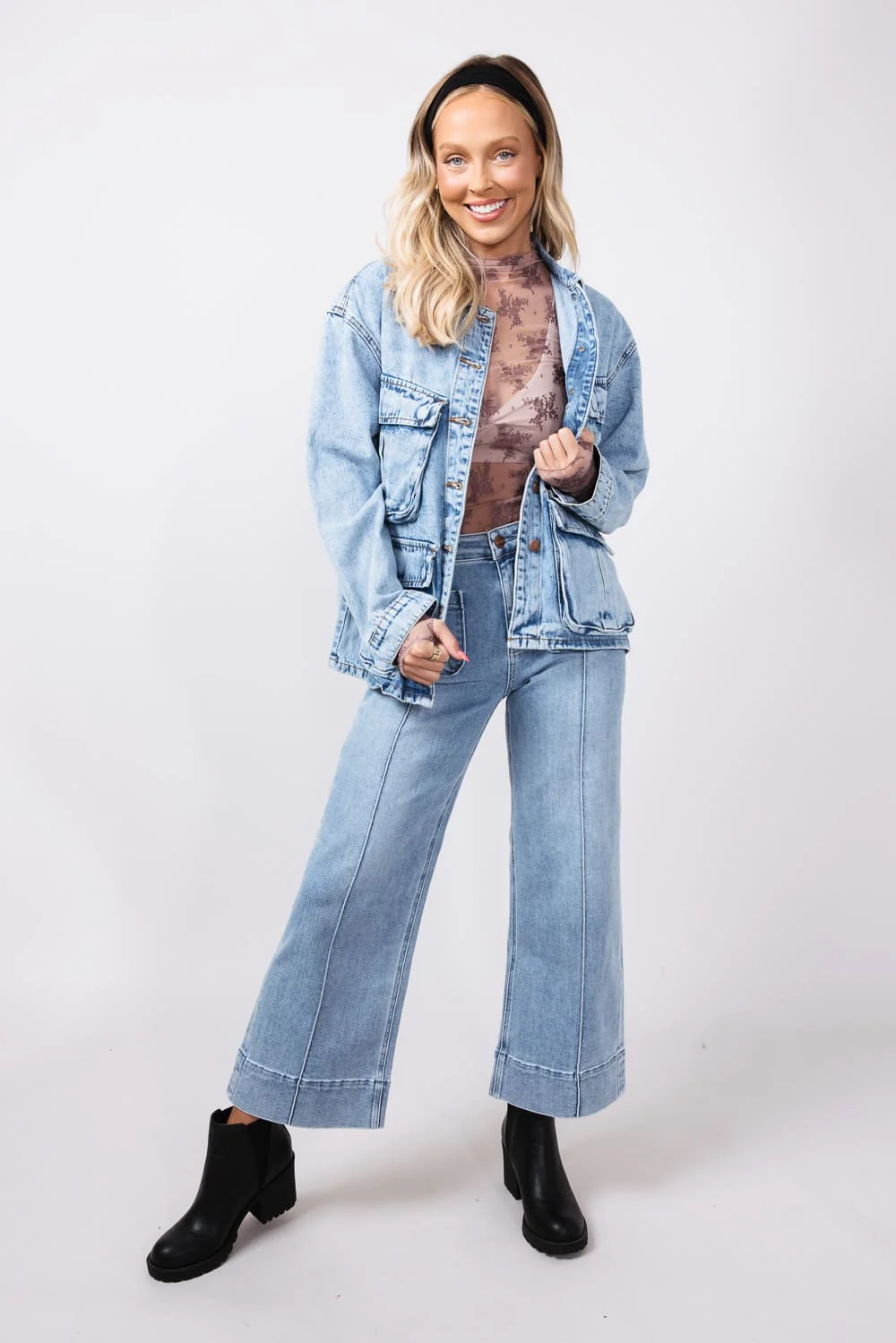 Multi Pocket Denim Jacket for Women | RJK-9358-BLUE - Image 3