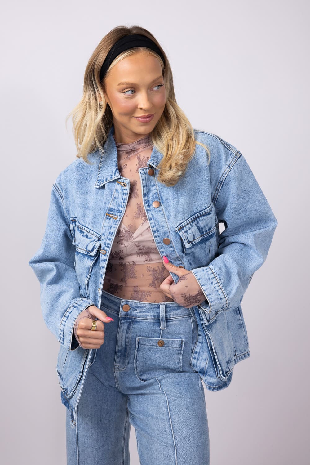 Multi Pocket Denim Jacket for Women | RJK-9358-BLUE - Image 5