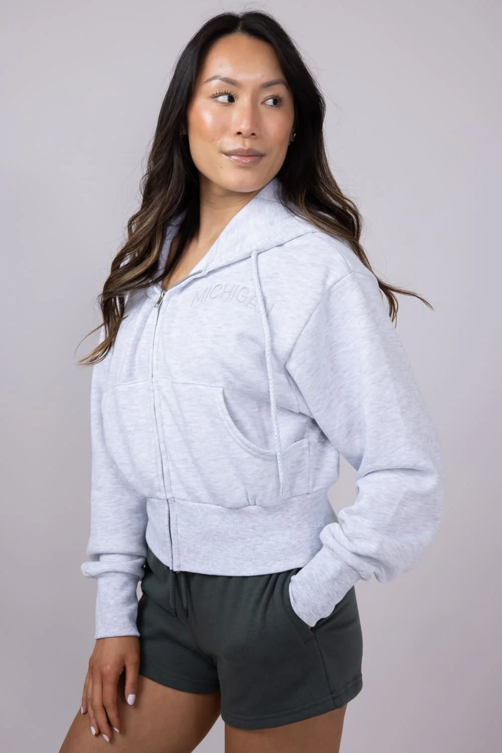 1897 Active Michigan Embroidered Full Zip Hoodie for Women in Grey | GK082-MI-ICEGREY - Image 3