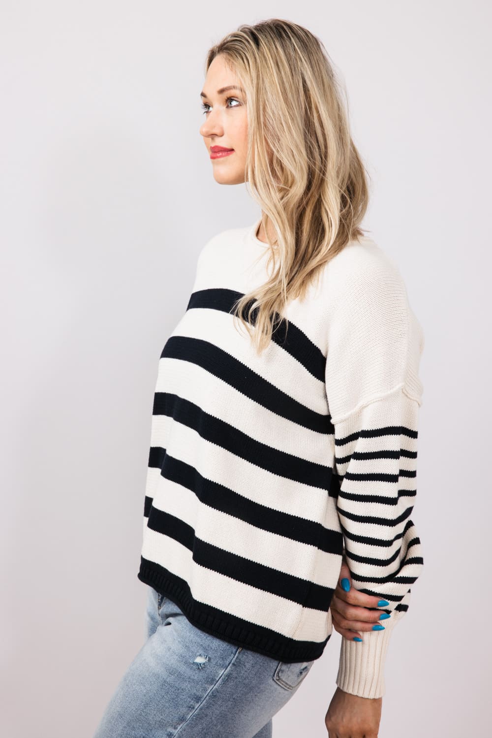 Navy Striped Sweater for Women in Ivory | SWT70133-OFFWHITENAVY - Image 3