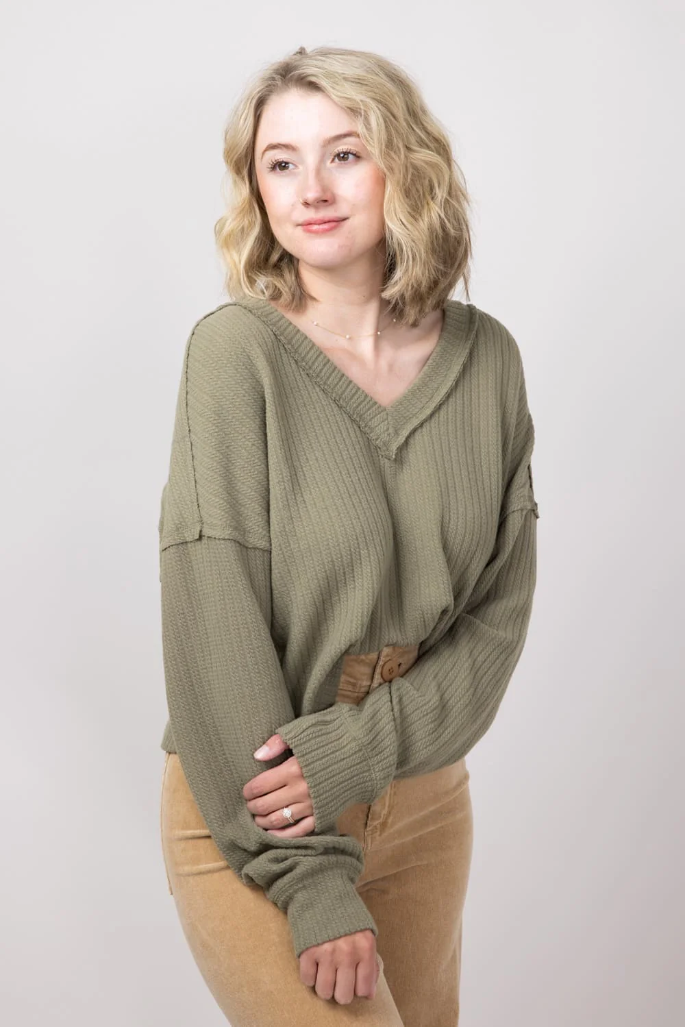 Casual V-Neck Knit Top for Women in Olive | NT11804-OLIVE - Image 3