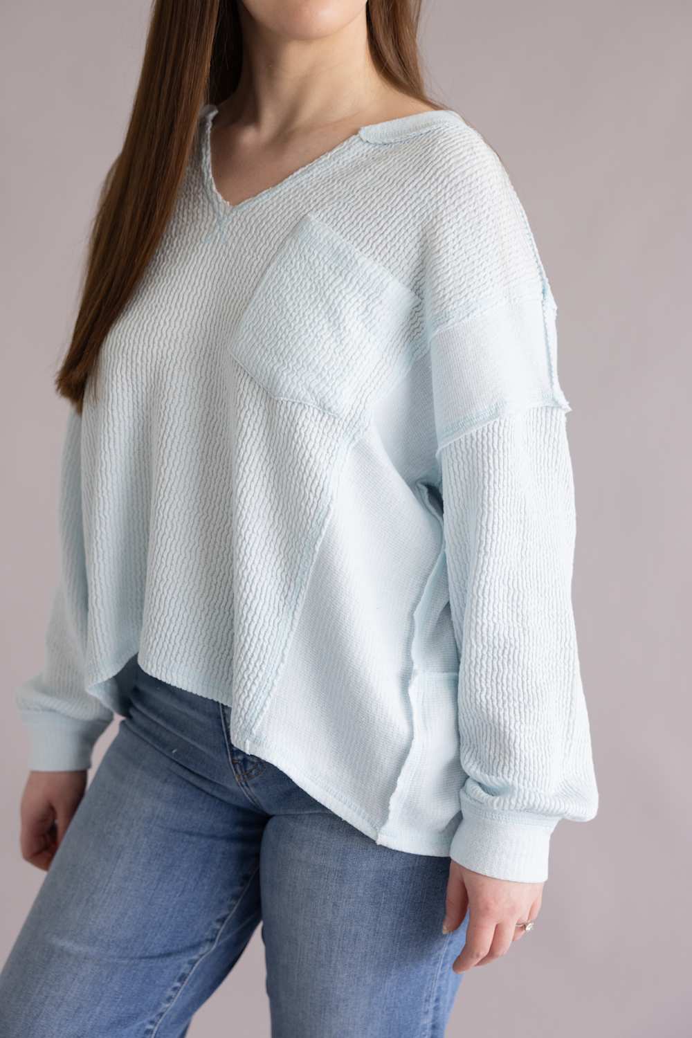 Notched V-Neck Knit Top for Women in Baby Blue  | J6ST1044-BABYBLUE - Image 2