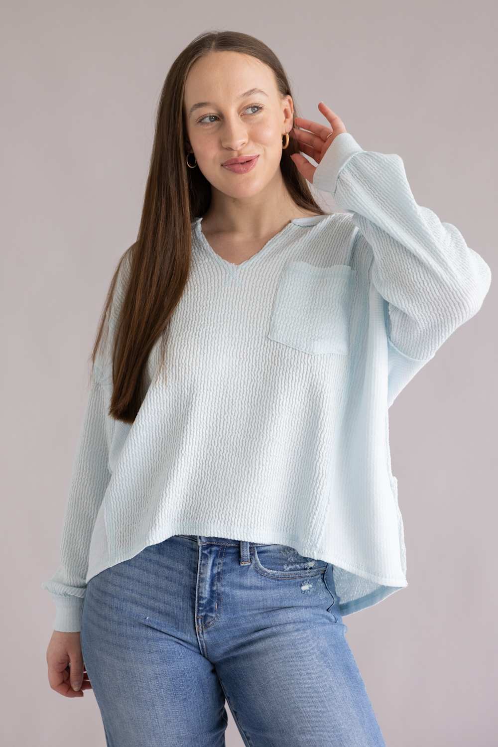 Notched V-Neck Knit Top for Women in Baby Blue  | J6ST1044-BABYBLUE - Image 3