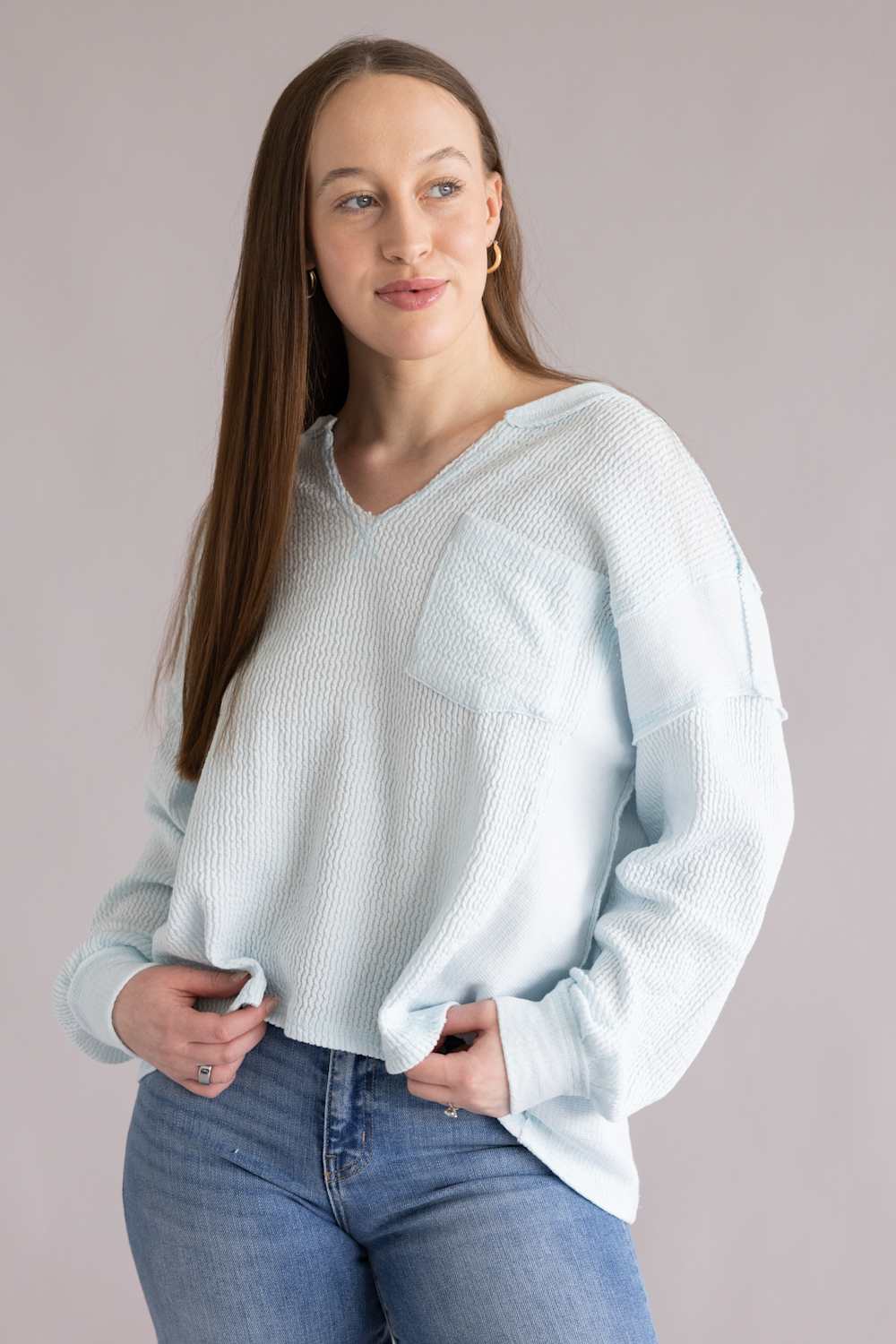 Notched V-Neck Knit Top for Women in Baby Blue  | J6ST1044-BABYBLUE - Image 5
