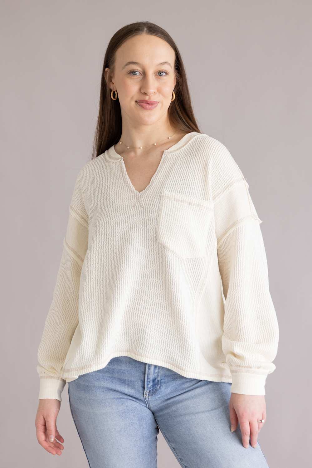 Notched V-Neck Knit Top for Women in Ivory  | J6ST1044-IVORY - Image 2