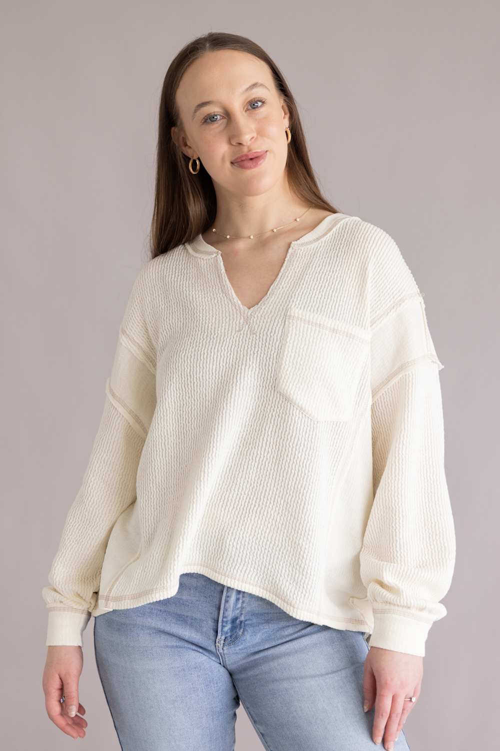 Notched V-Neck Knit Top for Women in Ivory  | J6ST1044-IVORY - Image 3