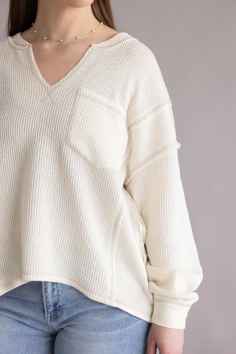 Notched V-Neck Knit Top for Women in Ivory  | J6ST1044-IVORY - Image 4