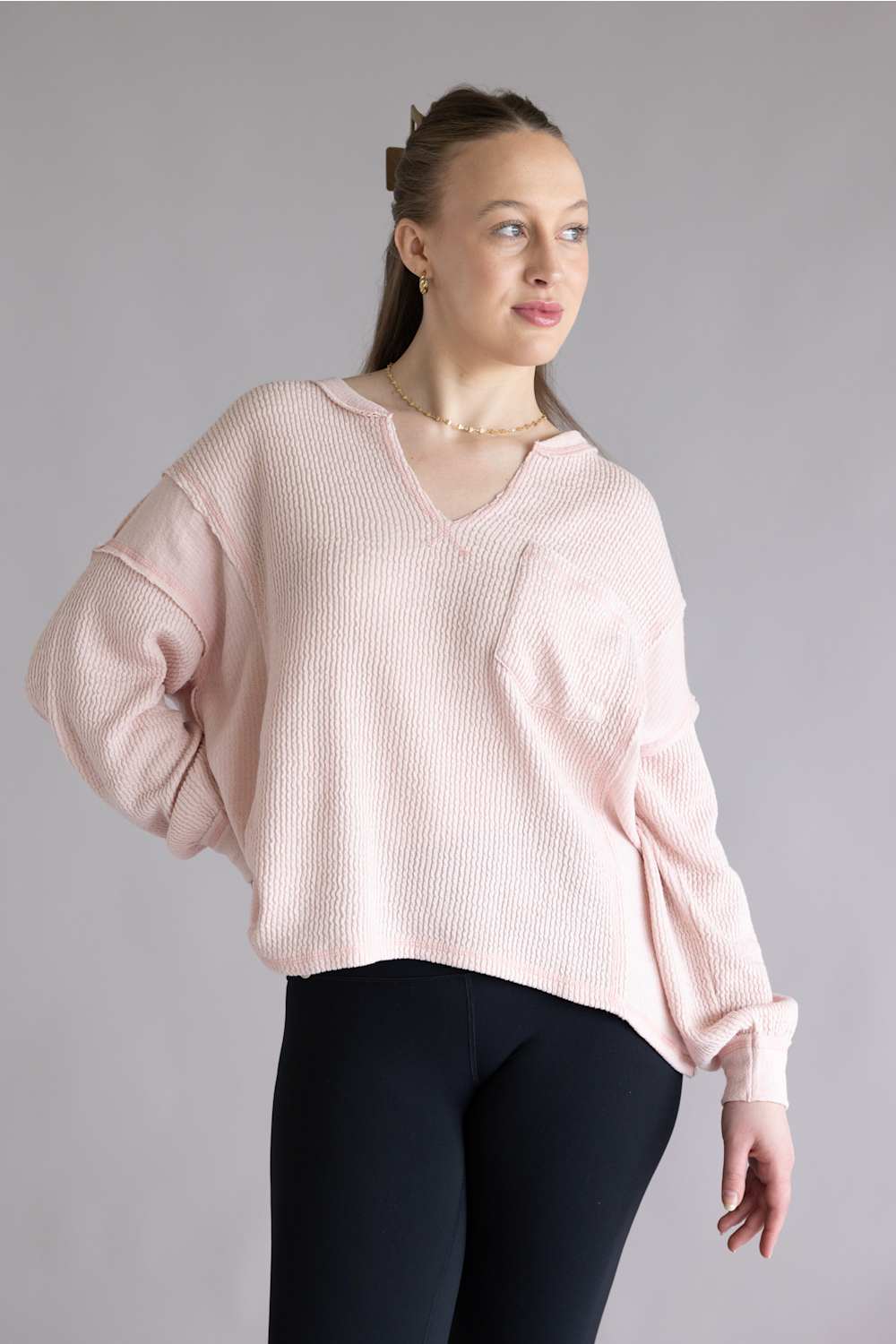 Notched V-Neck Knit Top for Women in Light Pink | J6ST1044-LIGHTPINK - Image 2