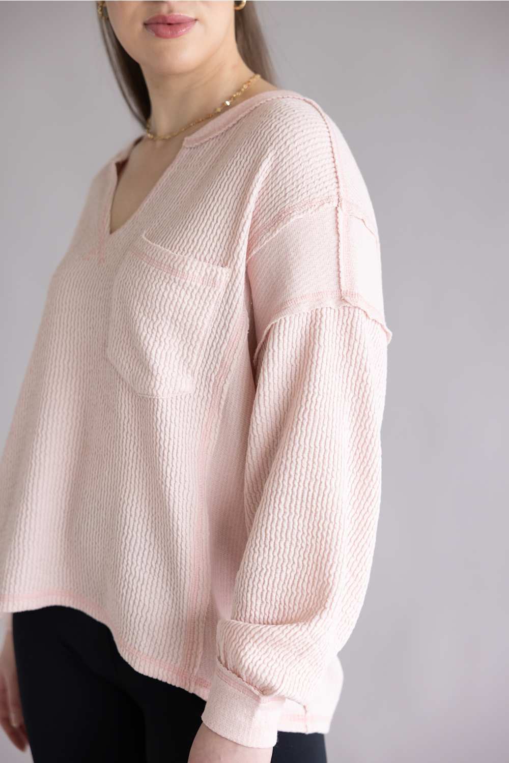Notched V-Neck Knit Top for Women in Light Pink | J6ST1044-LIGHTPINK - Image 3