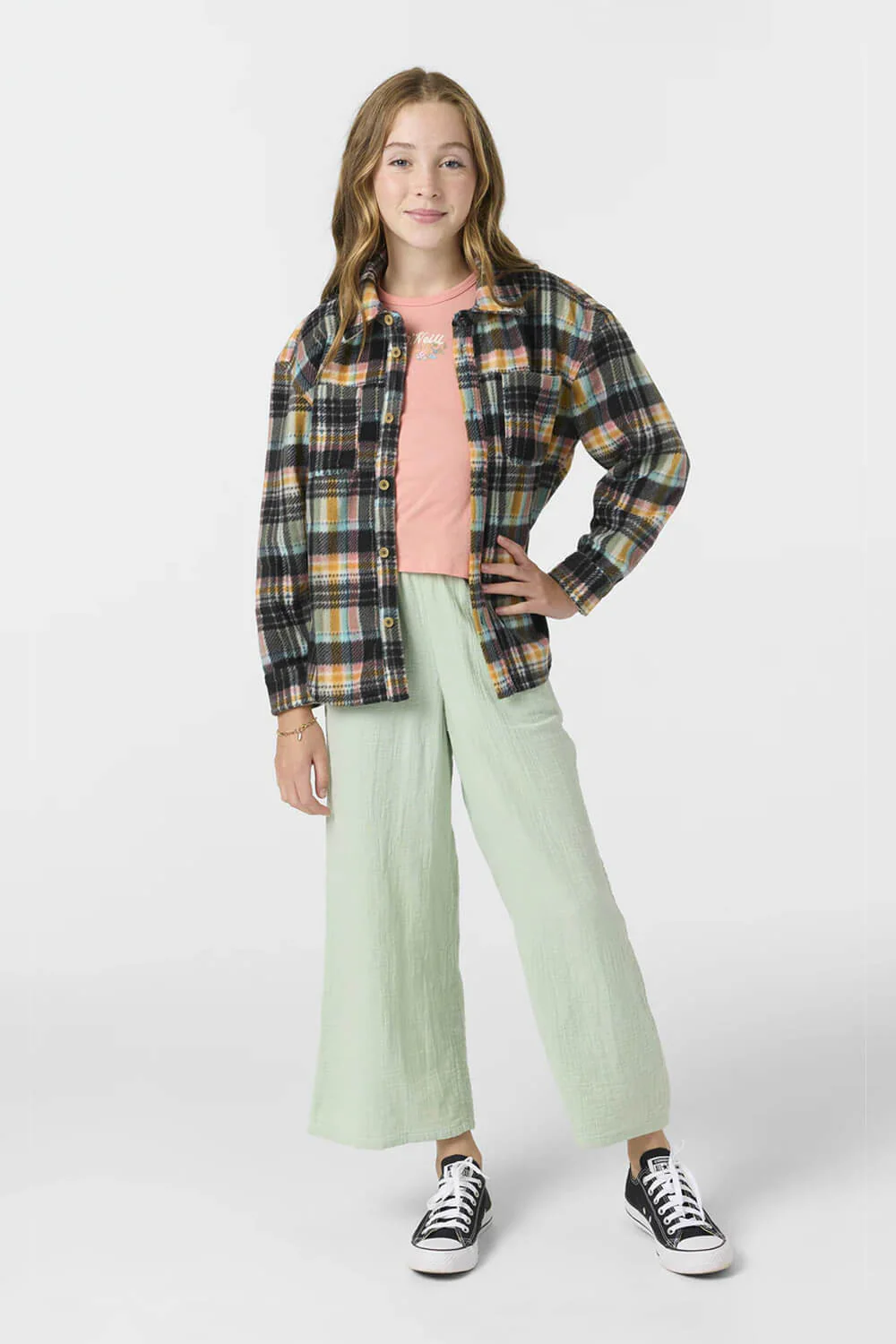 O’Neill Youth Bennet Super Fleece Plaid Shacket for Girls in Black Plaid | FA5804002-SSP-SEAPLD - Image 2