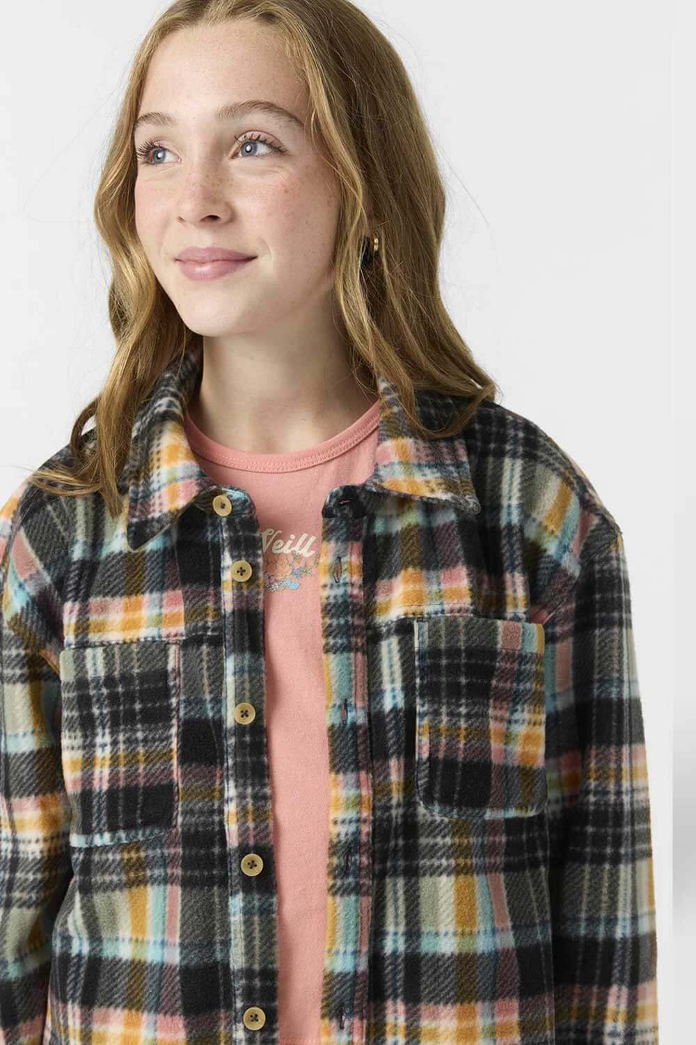 O’Neill Youth Bennet Super Fleece Plaid Shacket for Girls in Black Plaid | FA5804002-SSP-SEAPLD - Image 4