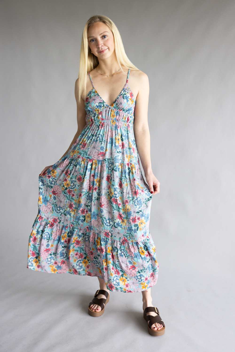 Open Back Floral Maxi Dress for Women in Teal | F4F72-A855-TEALBAYOU - Image 3