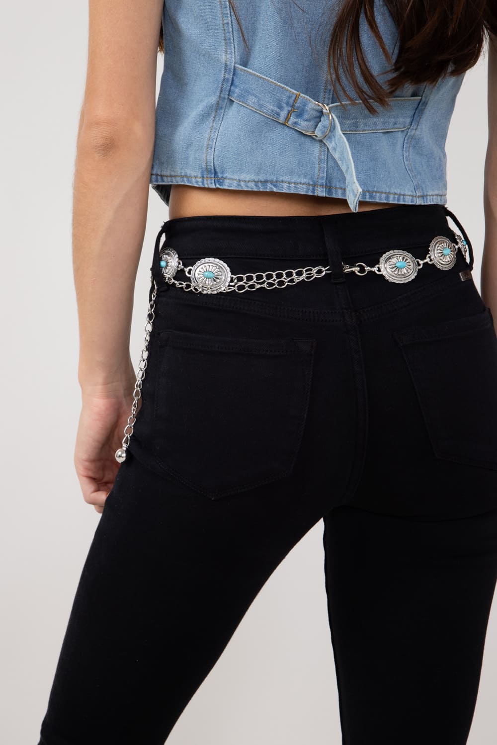 Oval Turquoise Concho Chain Belt for Women in Silver | MML8656S - Image 3
