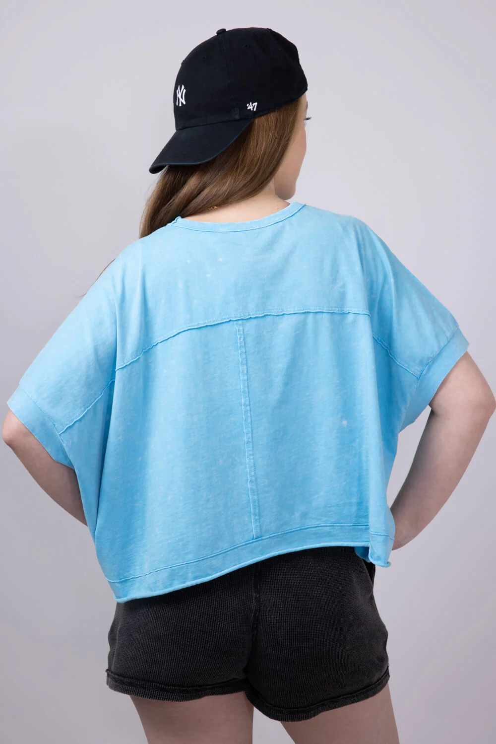 Oversized Cropped Mineral Wash Knit Top for Women in Aqua Blue | NT11429-AQUABLUE - Image 3