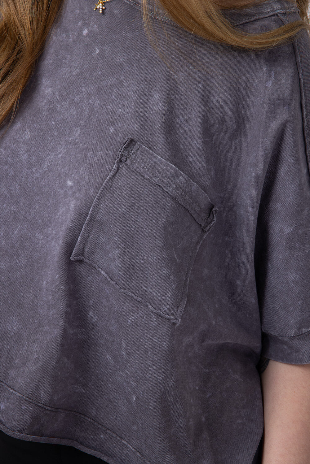 Oversized Cropped Mineral Wash Knit T-Shirt for Women in Black | NT11429-BLACK - Image 3