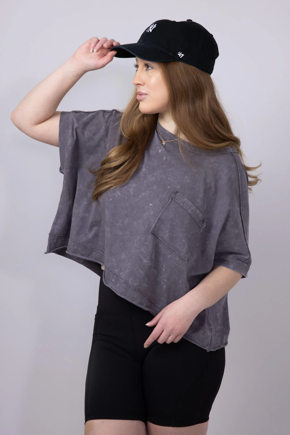 Oversized Cropped Mineral Wash Knit T-Shirt for Women in Black | NT11429-BLACK - Image 4