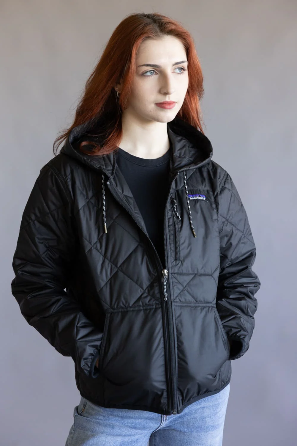 Patagonia Women’s Diamond Quilted Bomber Hoodie Jacket in Black | 20696-BLK - Image 2