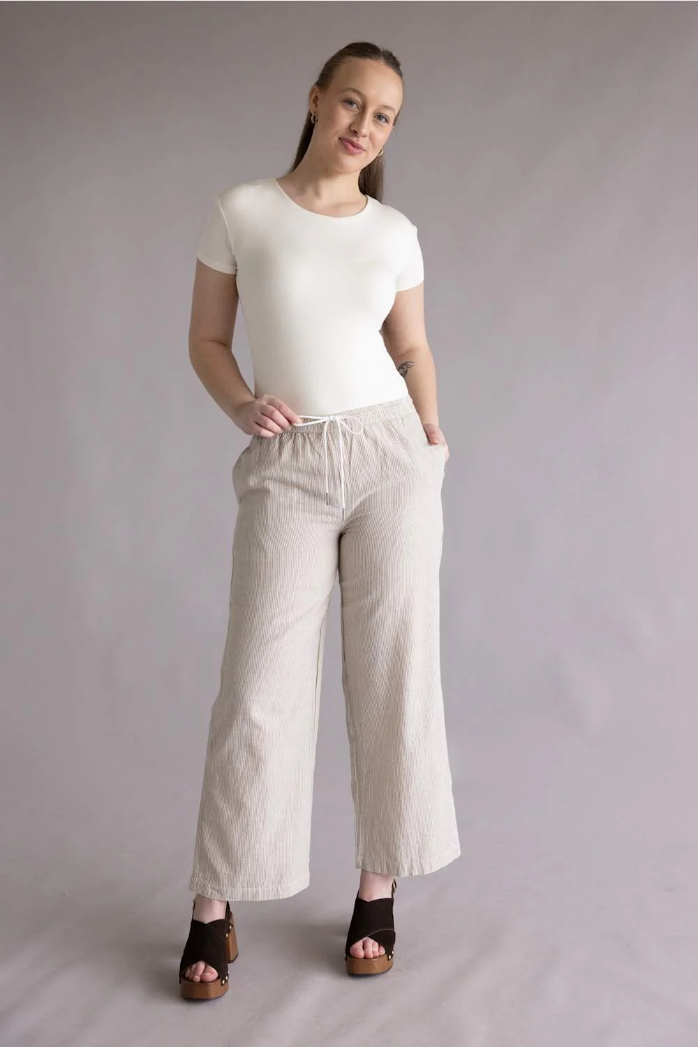 Pinstripe Drawstring Linen Pants for Women - Image 2
