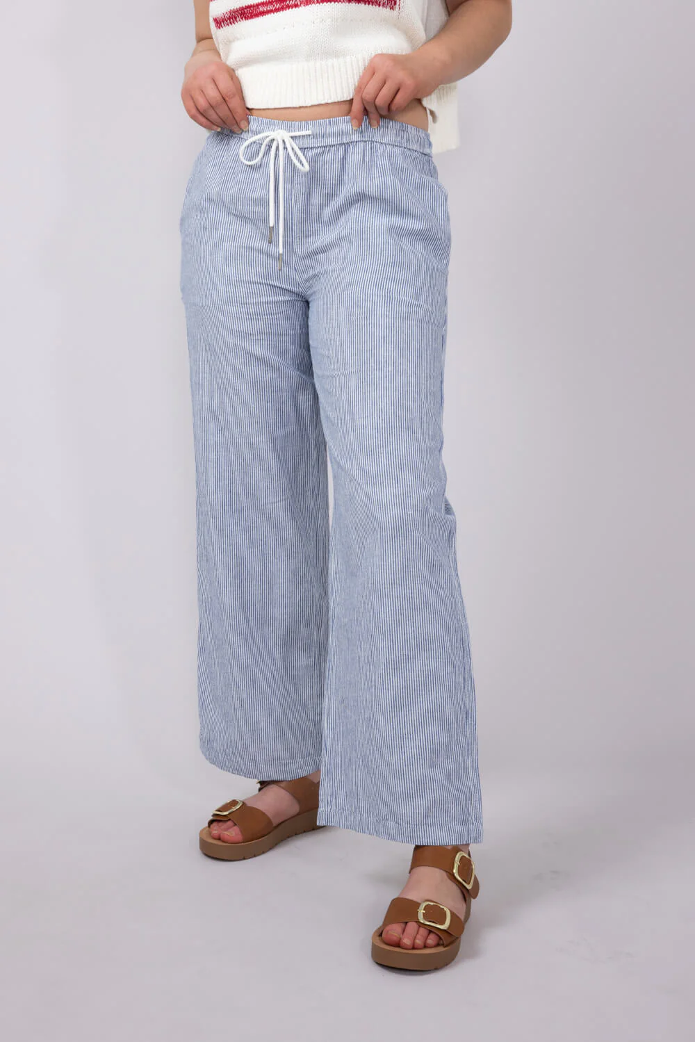 Pinstripe Drawstring Linen Pants for Women in Blue | 42711-INDIGO - Image 3