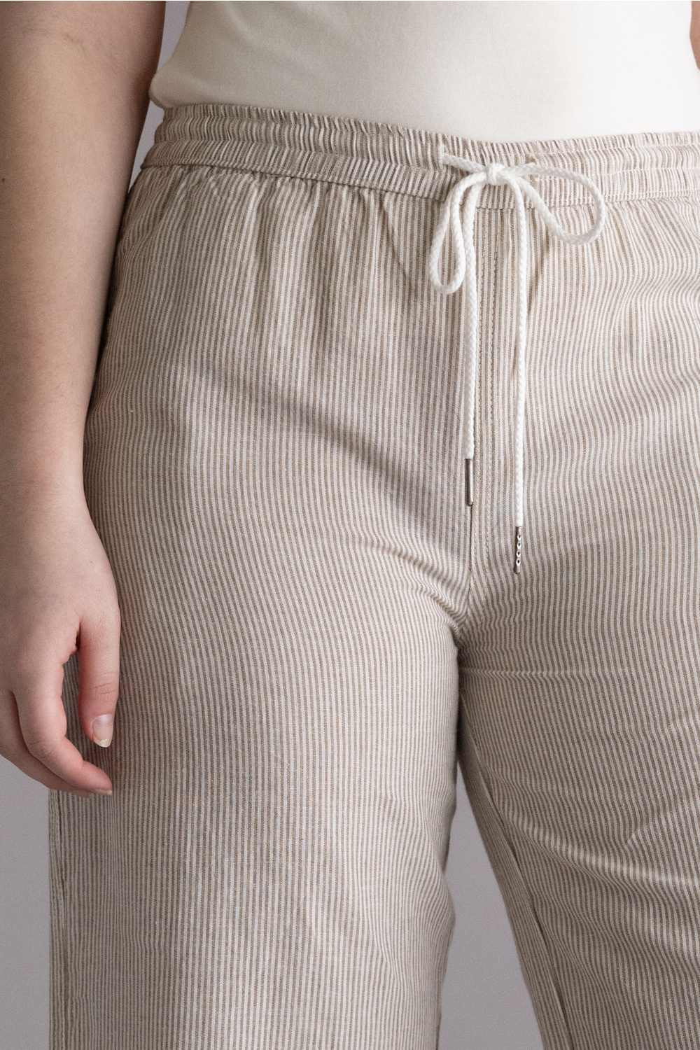 Pinstripe Drawstring Linen Pants for Women in Khaki | 42711-KHAKI - Image 2