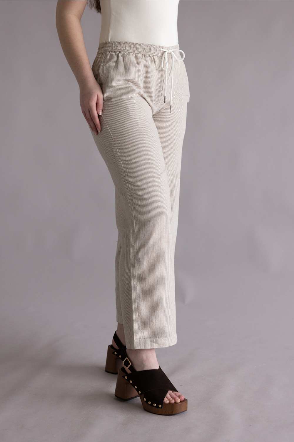 Pinstripe Drawstring Linen Pants for Women in Khaki | 42711-KHAKI - Image 4