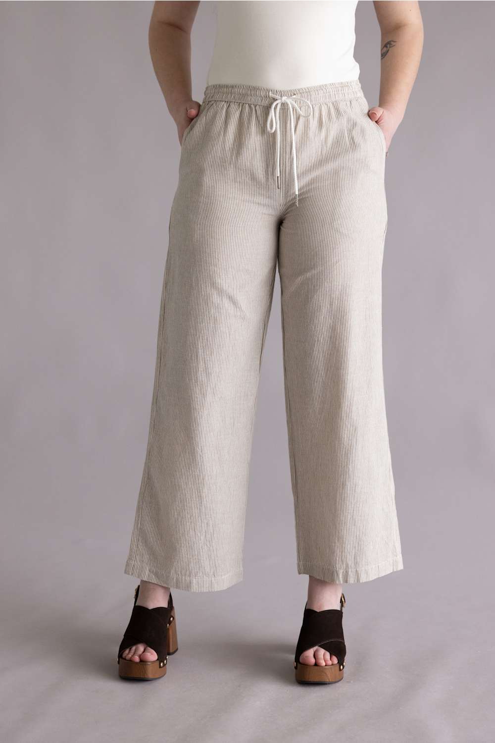 Pinstripe Drawstring Linen Pants for Women in Khaki | 42711-KHAKI - Image 5