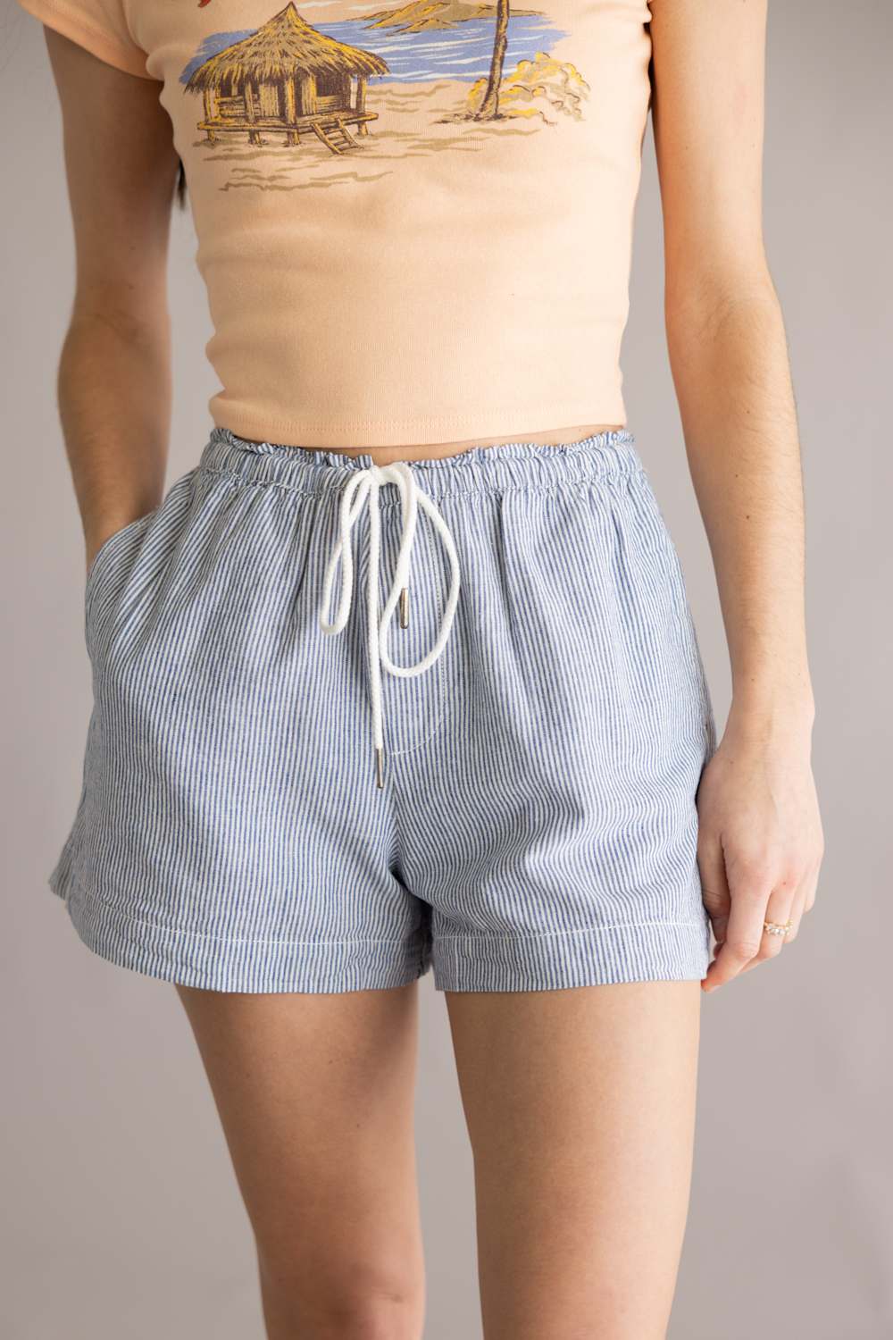 Pinstripe Drawstring Linen Shorts for Women in Indigo | 42713-INDIGO - Image 4