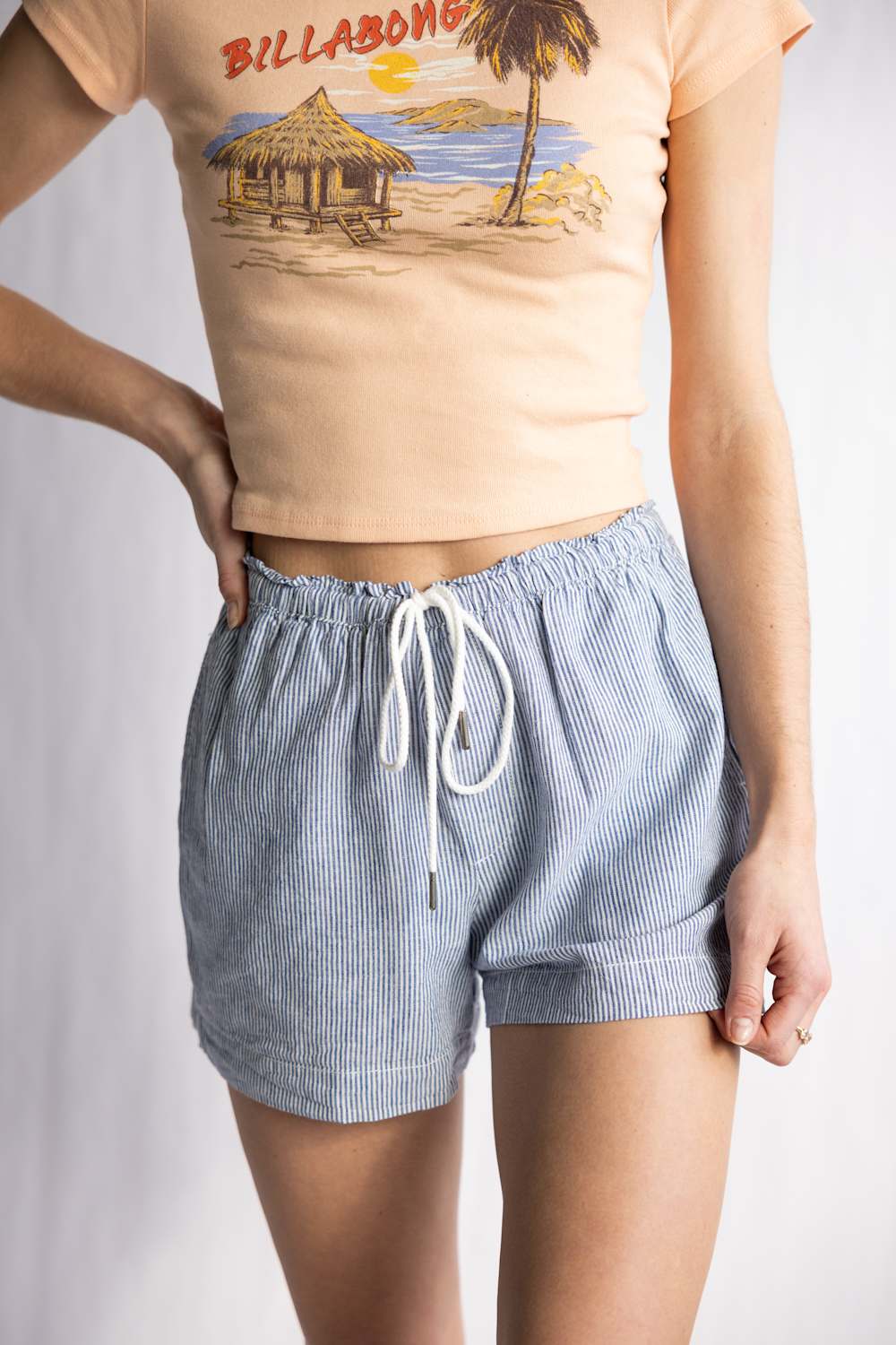 Pinstripe Drawstring Linen Shorts for Women in Indigo | 42713-INDIGO - Image 5