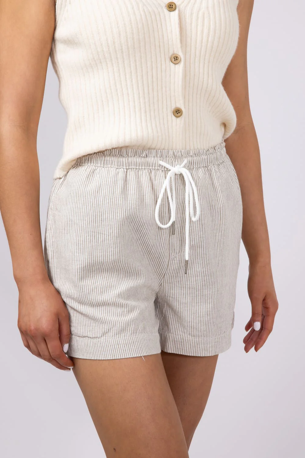 Pinstripe Drawstring Linen Shorts for Women in Khaki | 42713-KHAKI - Image 4