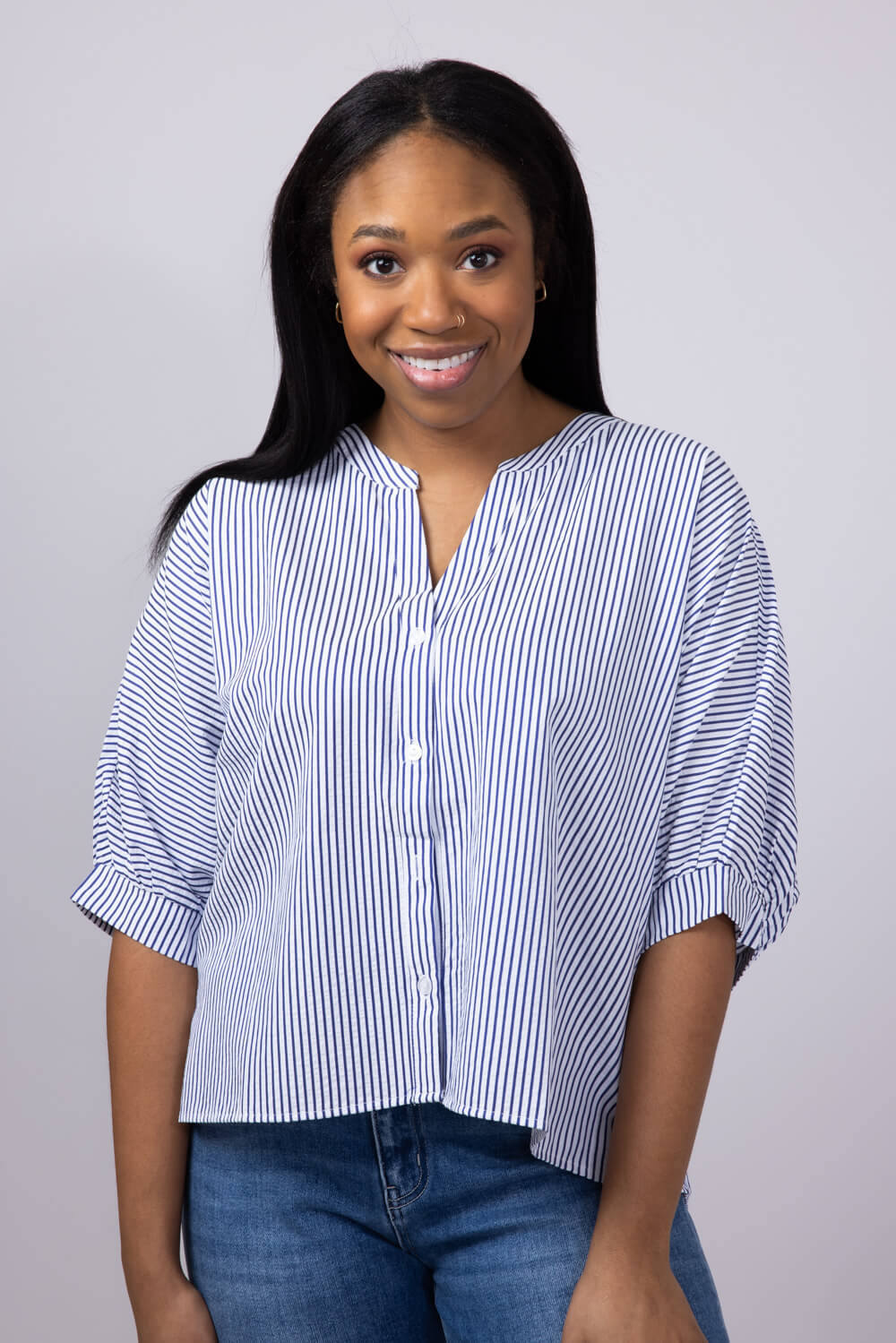 Pinstripe Split Neck Button Front Top for Women in Navy | AT8201-NVY - Image 2