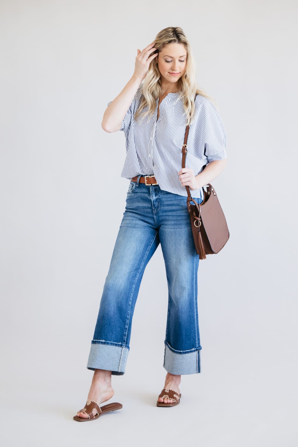 Pinstripe Split Neck Button Front Top for Women in Navy | AT8201-NVY - Image 3