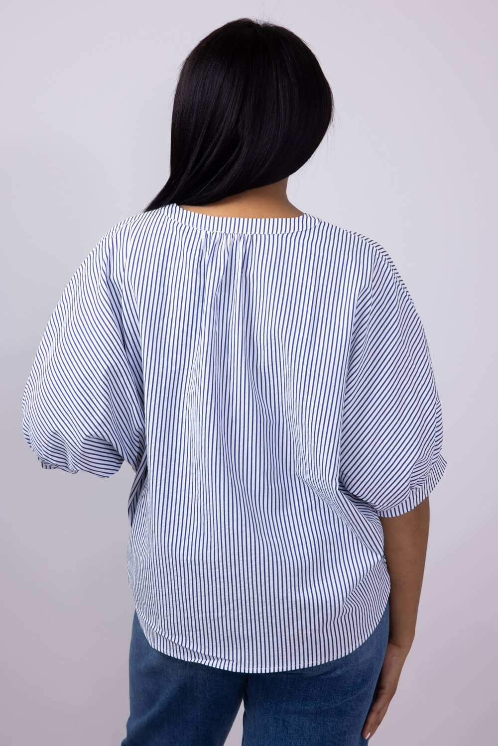 Pinstripe Split Neck Button Front Top for Women in Navy | AT8201-NVY - Image 4