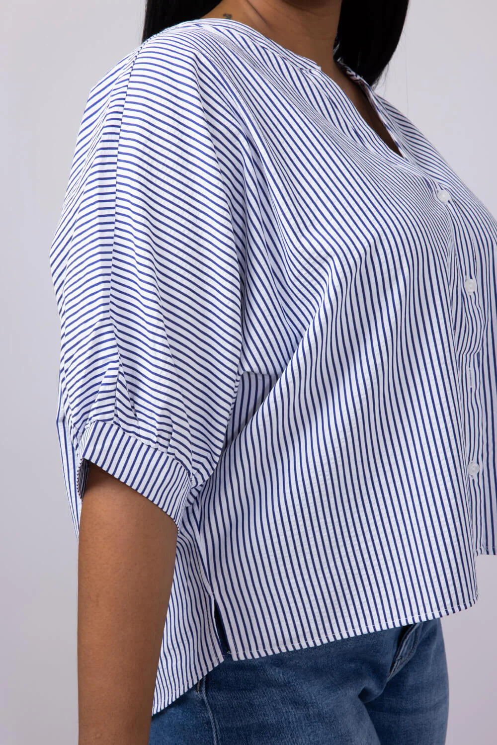 Pinstripe Split Neck Button Front Top for Women in Navy | AT8201-NVY - Image 5