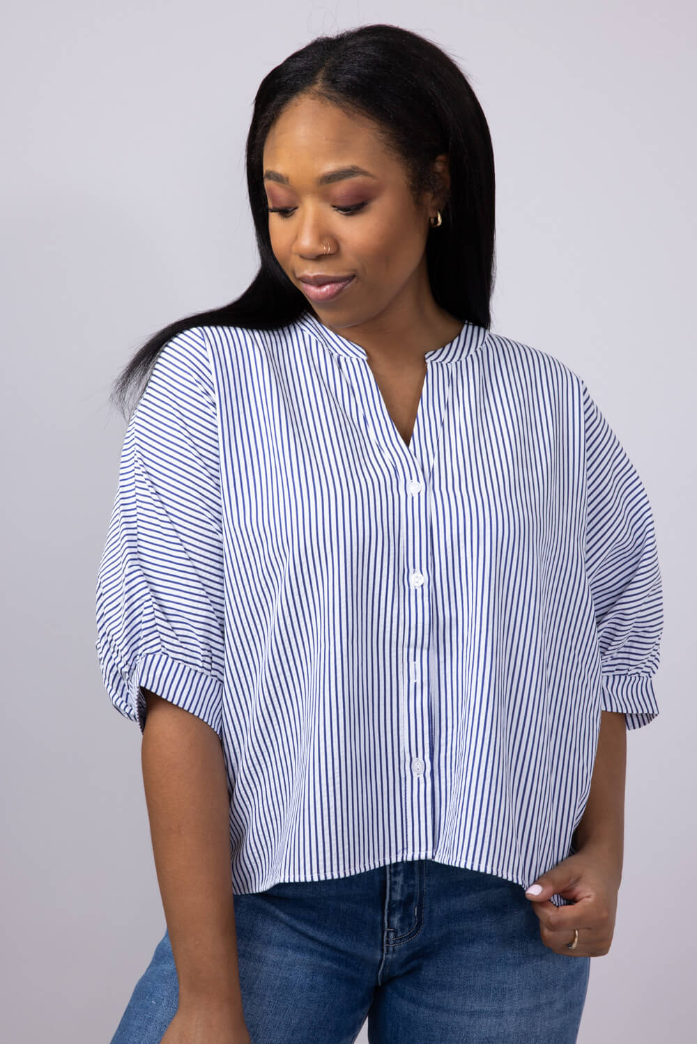 Pinstripe Split Neck Button Front Top for Women in Navy | AT8201-NVY - Image 6