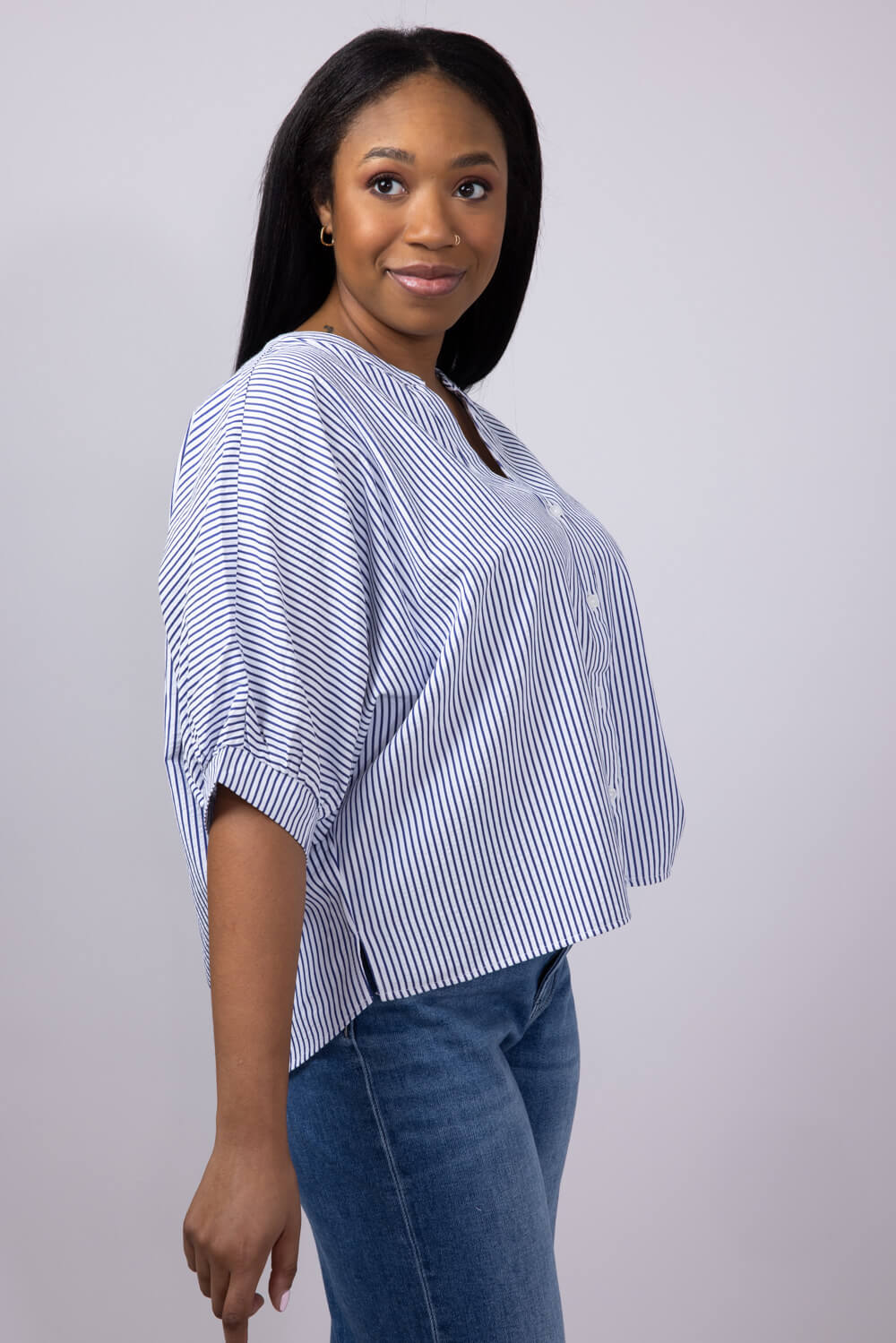 Pinstripe Split Neck Button Front Top for Women in Navy | AT8201-NVY - Image 7