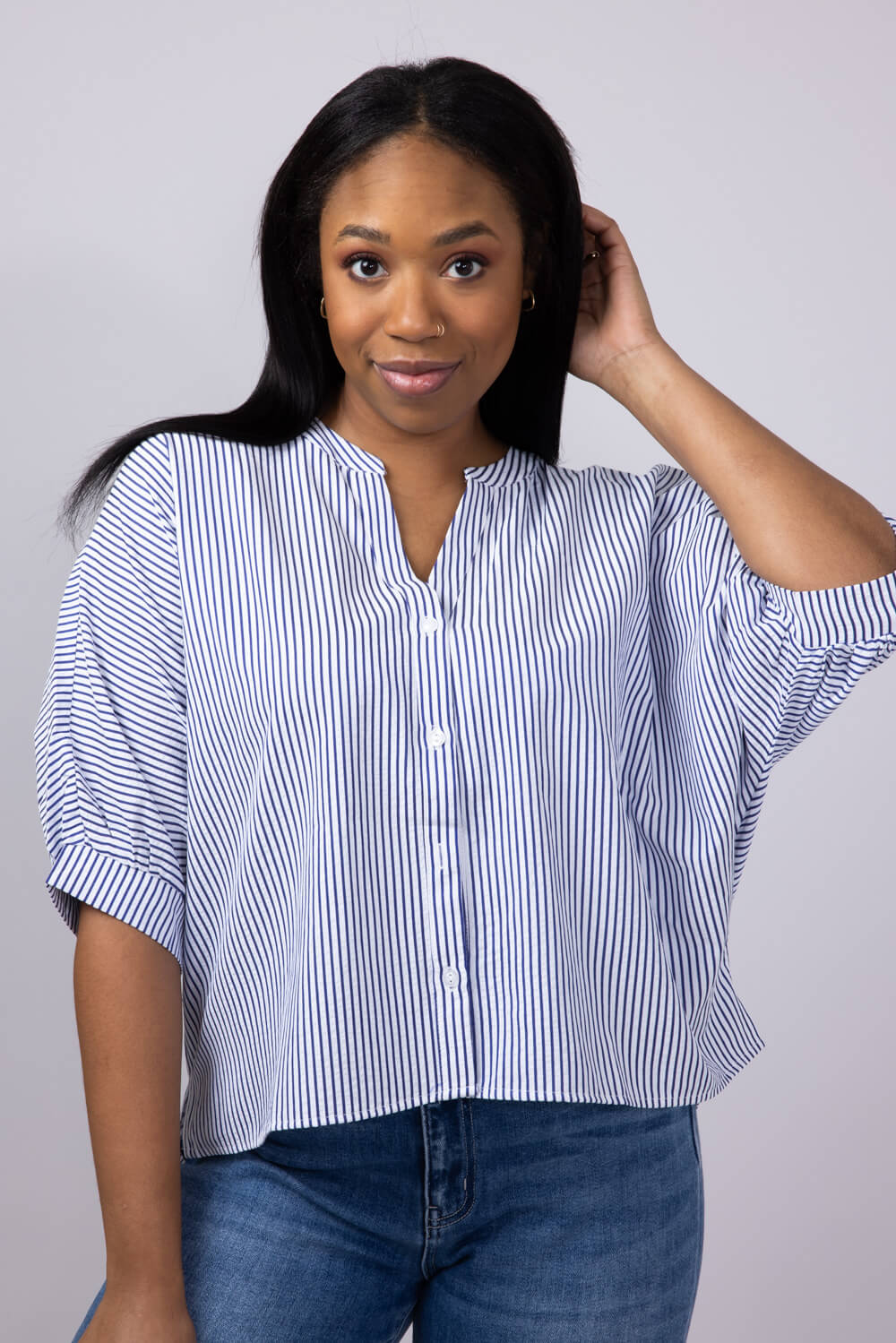 Pinstripe Split Neck Button Front Top for Women in Navy | AT8201-NVY - Image 8