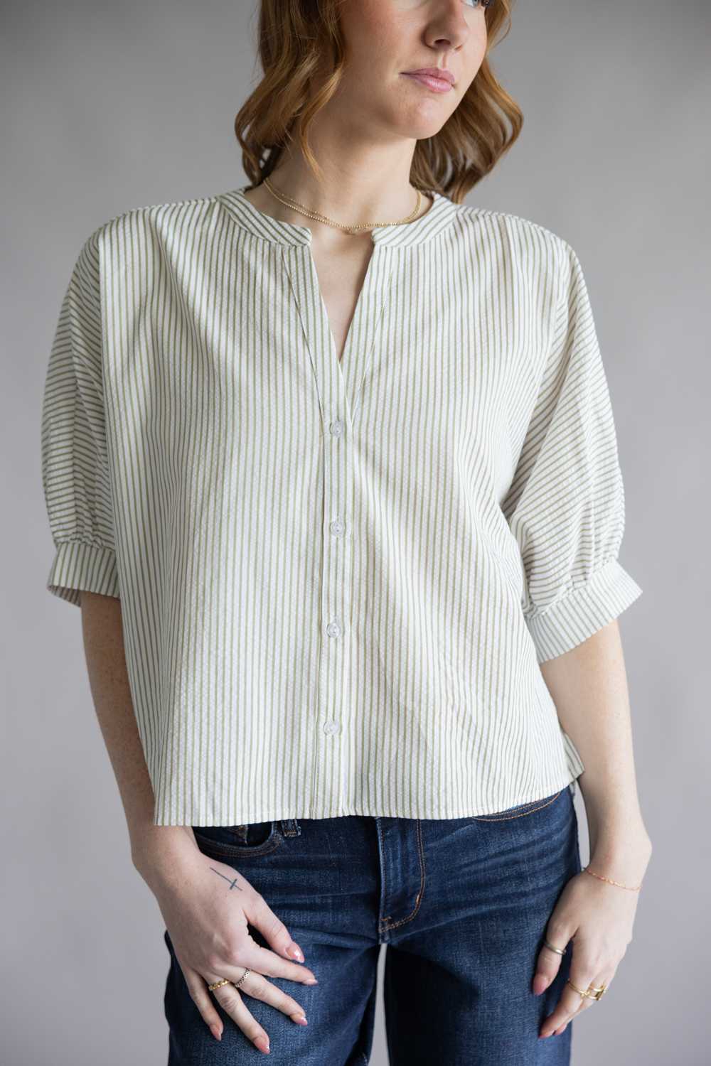 Pinstripe Split Neck Button Front Top for Women in Sage | AT8201-SAG - Image 3