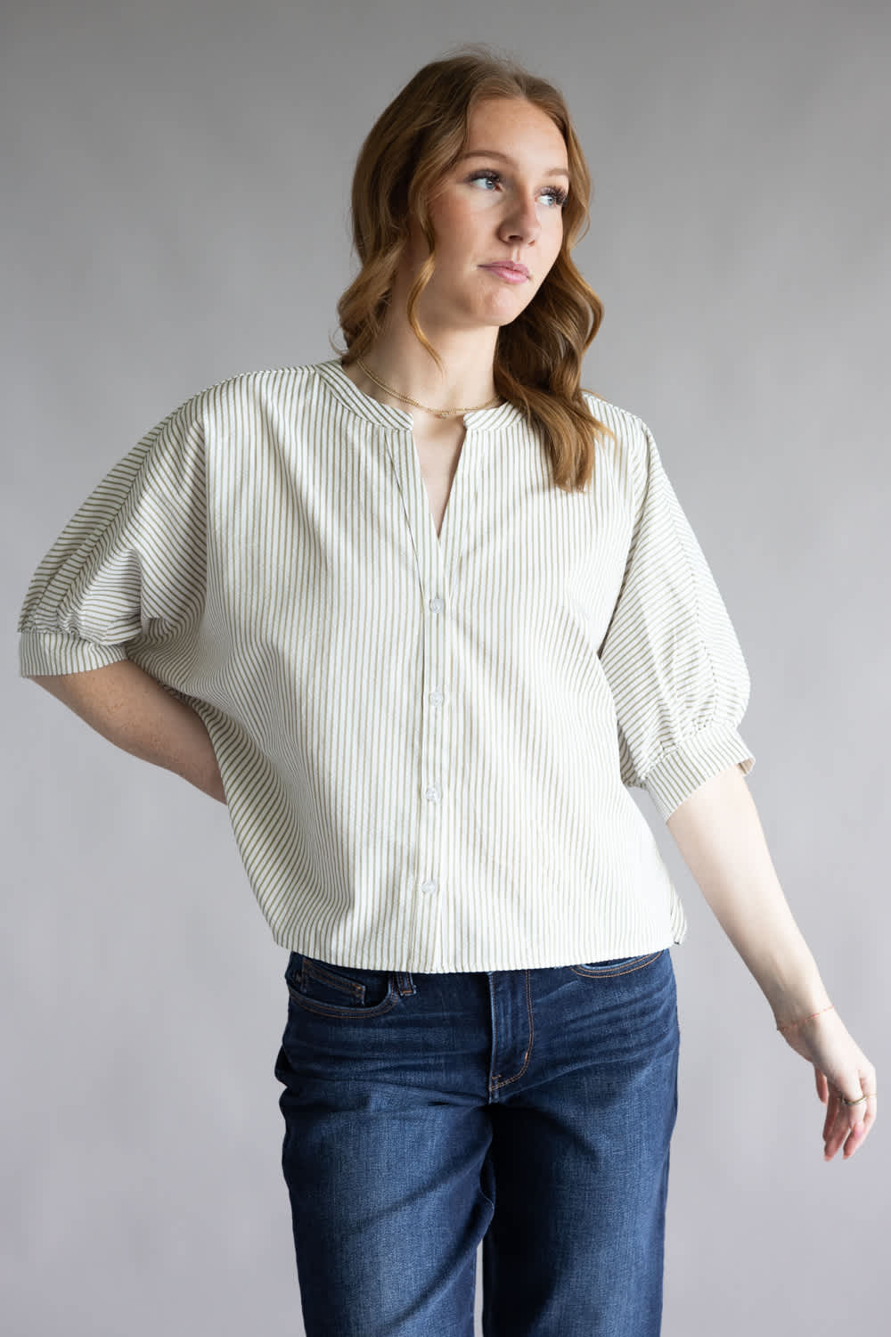Pinstripe Split Neck Button Front Top for Women in Sage | AT8201-SAG - Image 4