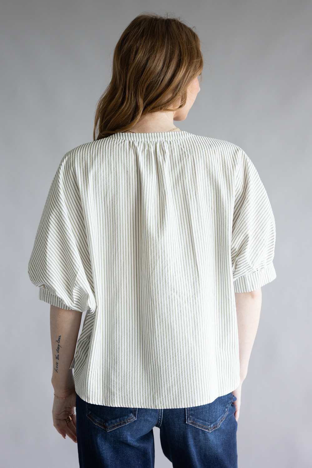 Pinstripe Split Neck Button Front Top for Women in Sage | AT8201-SAG - Image 5