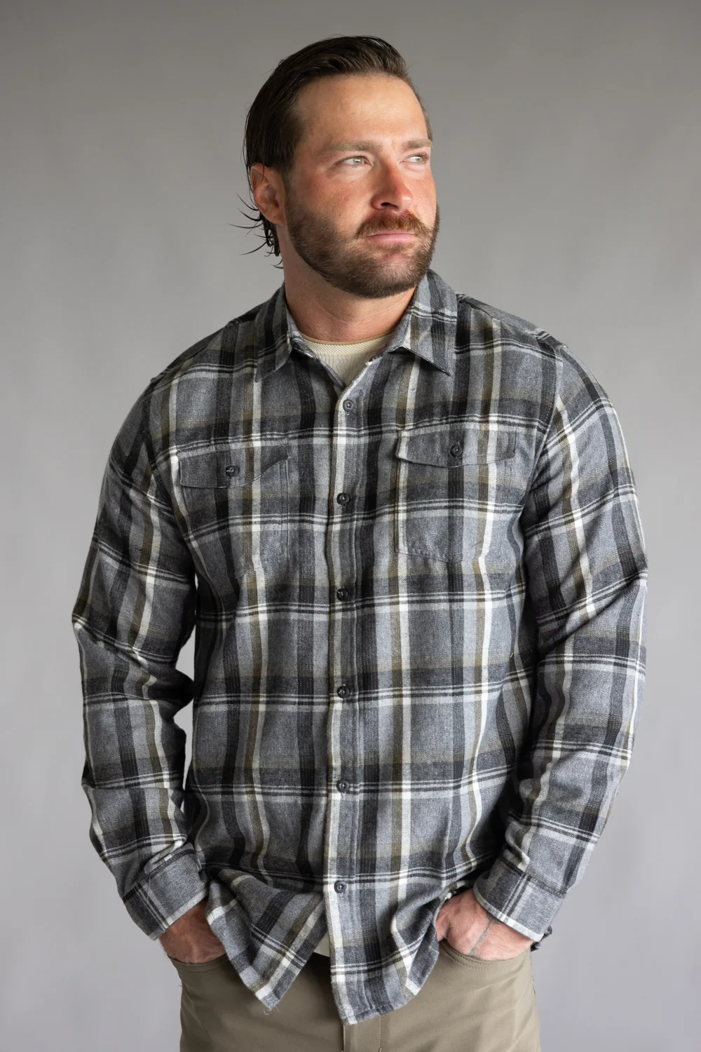 Plaid Flannel Shirt for Men in Grey Olive | TT8281GL-GREYOLIVE - Image 2