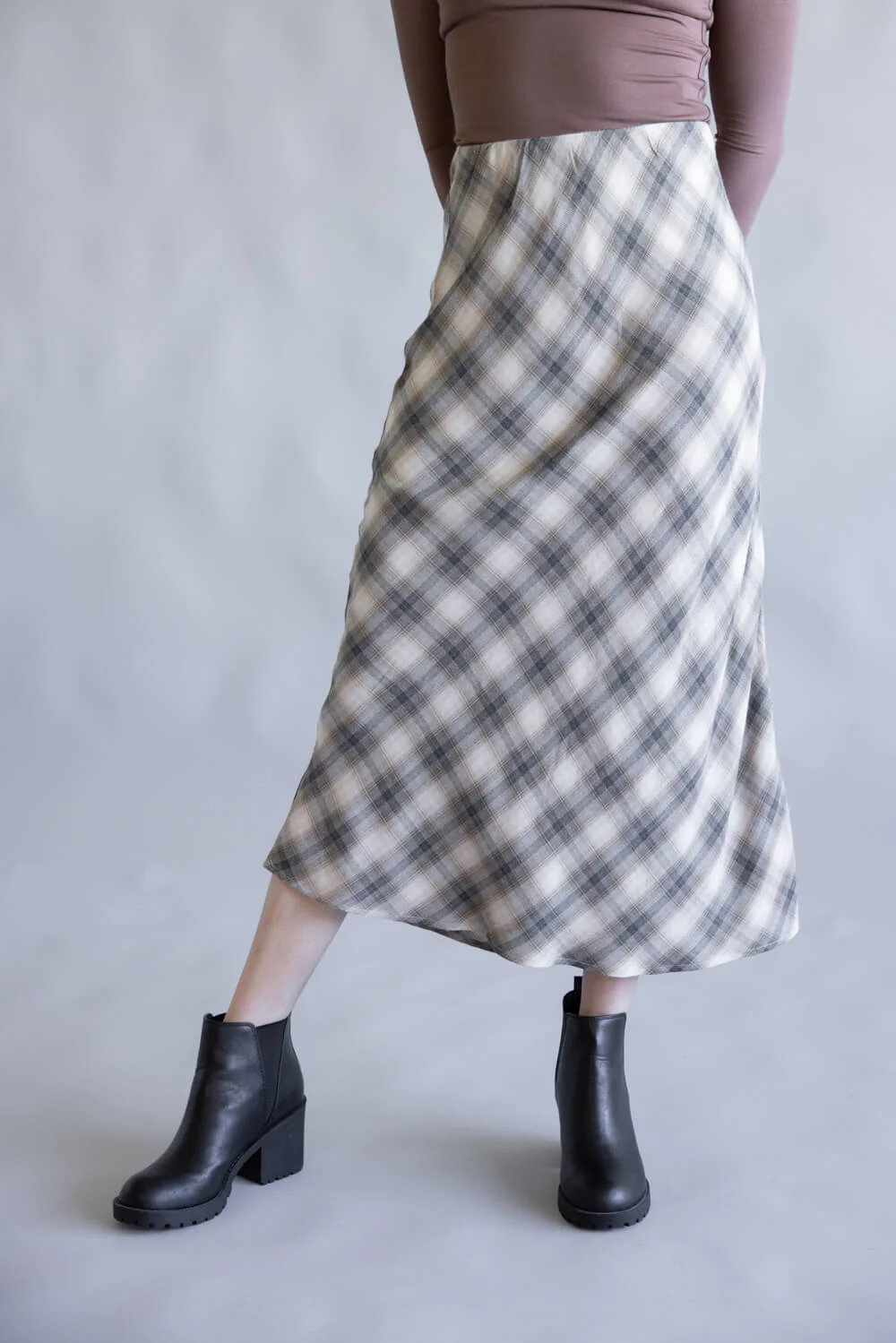 Plaid Midi Skirt for Women in Charcoal | 71193-CHARCOAL - Image 3