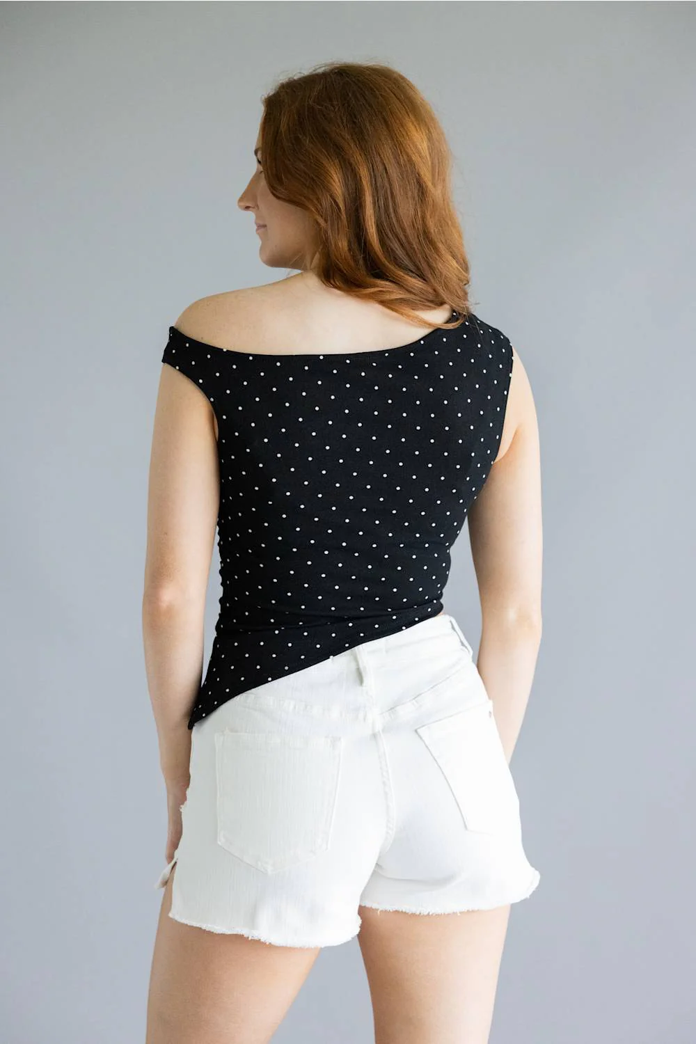 Polka Dot Asymmetrical Top for Women in Black  | BT530-1-BLACKIVORY - Image 3
