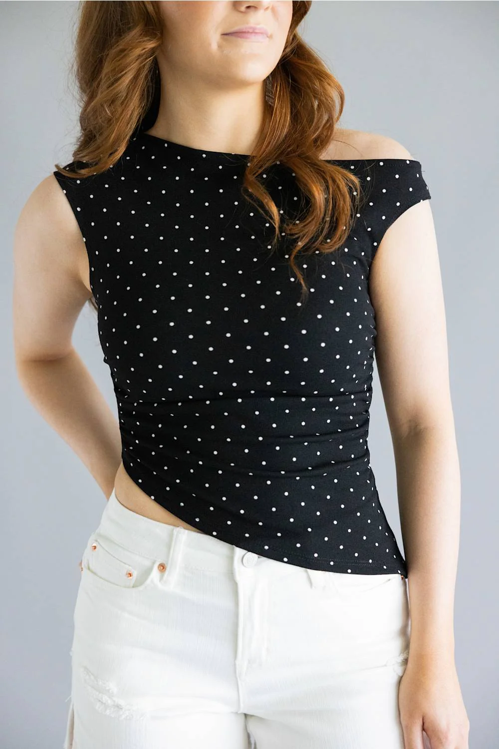 Polka Dot Asymmetrical Top for Women in Black  | BT530-1-BLACKIVORY - Image 4