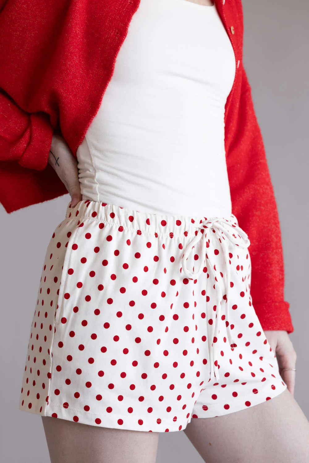 Polka Dot Drawstring Shorts for Women in White/Red | DZ26C385-RED - Image 4